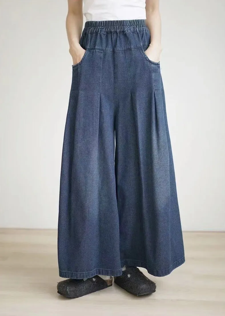 2024 Spring Summer Blue Elastic Waist Wrinkled Wide Leg Pants