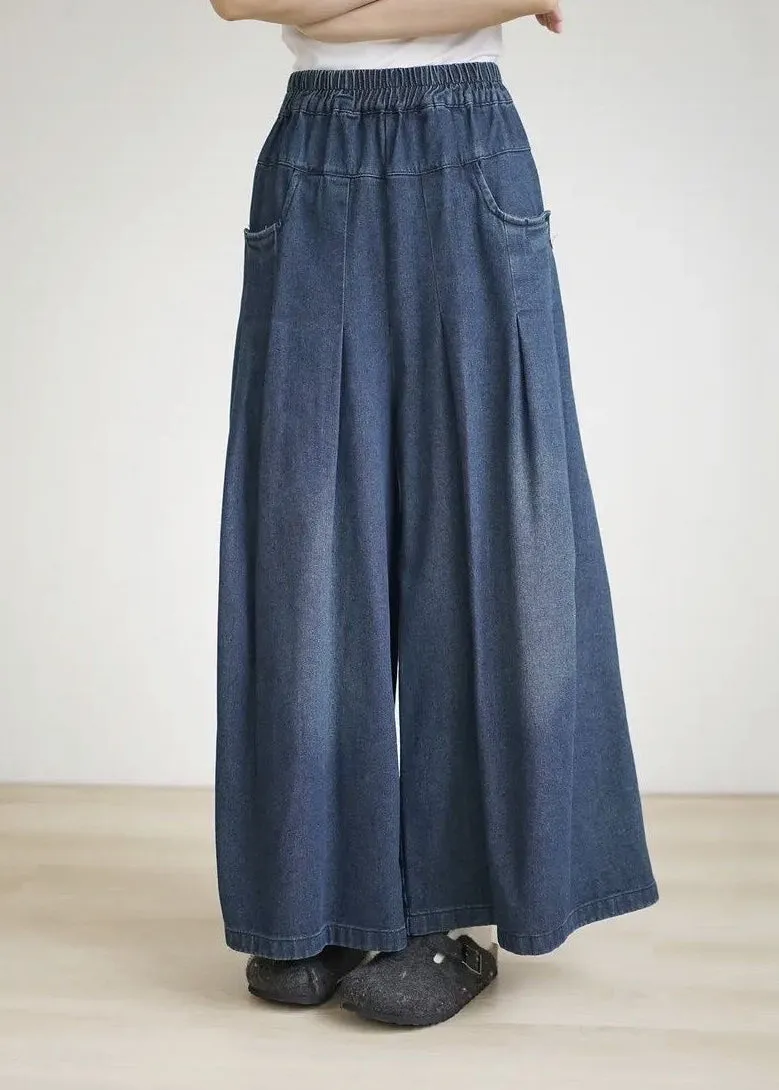 2024 Spring Summer Blue Elastic Waist Wrinkled Wide Leg Pants