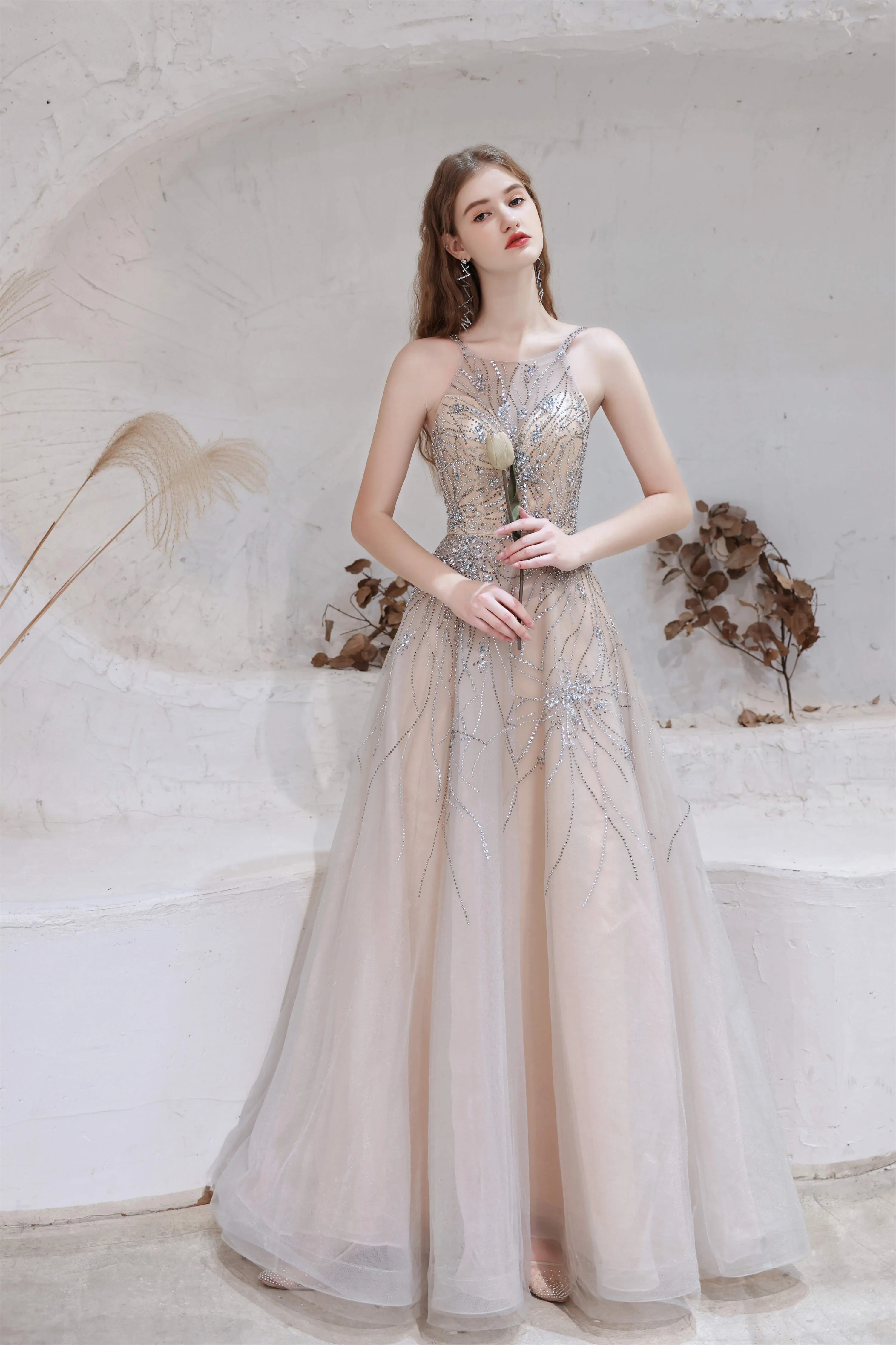 A-Line Heavily Beading Tulle Prom Dresses