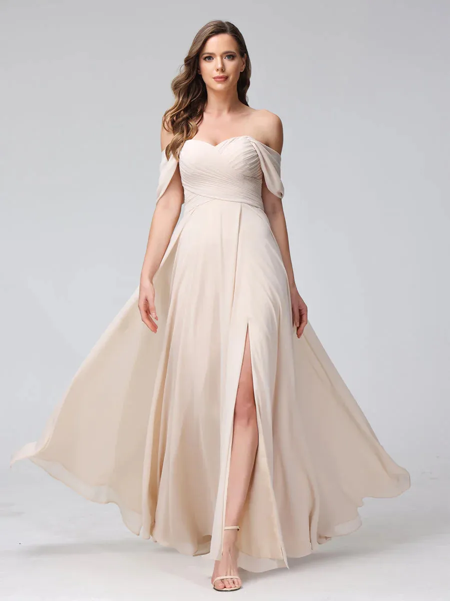 A-Line Off-The-Shoulder Sleeveless Ruched Long Chiffon Bridesmaid Dresses With Split Side