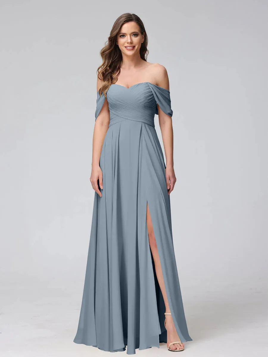 A-Line Off-The-Shoulder Sleeveless Ruched Long Chiffon Bridesmaid Dresses With Split Side