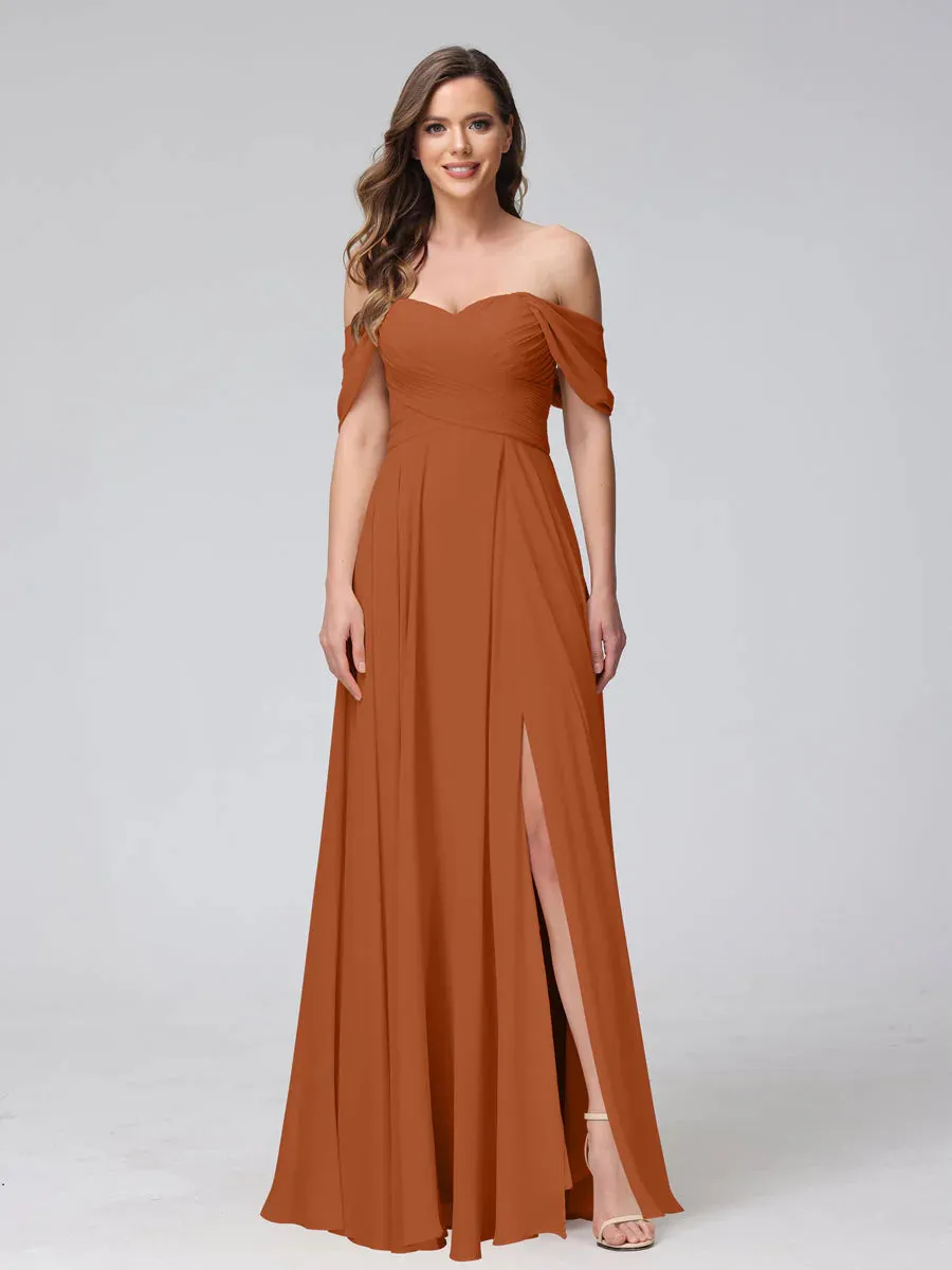 A-Line Off-The-Shoulder Sleeveless Ruched Long Chiffon Bridesmaid Dresses With Split Side