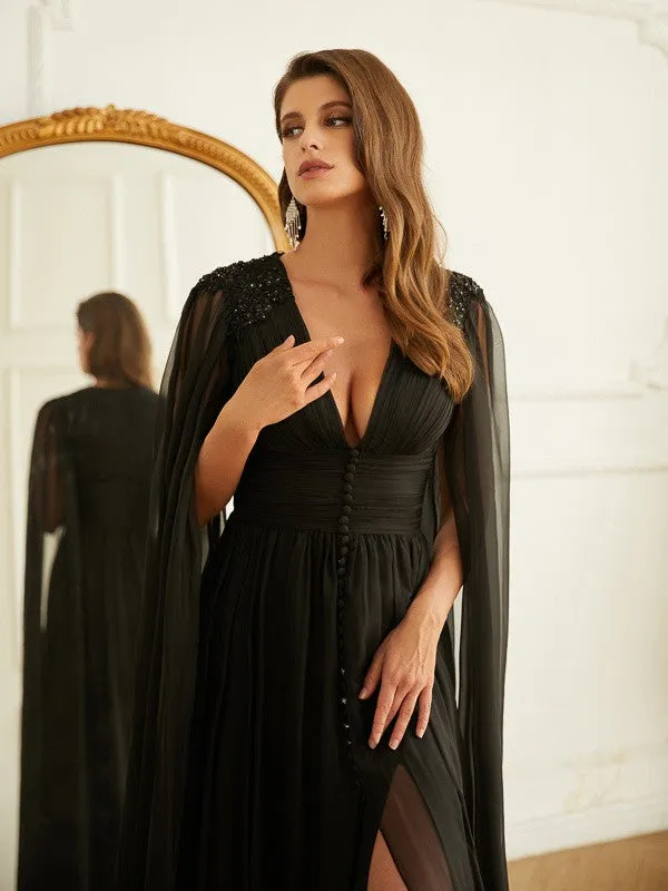 A-Line/Princess 30D Chiffon Ruched V-neck Long Sleeves Floor-Length Dresses