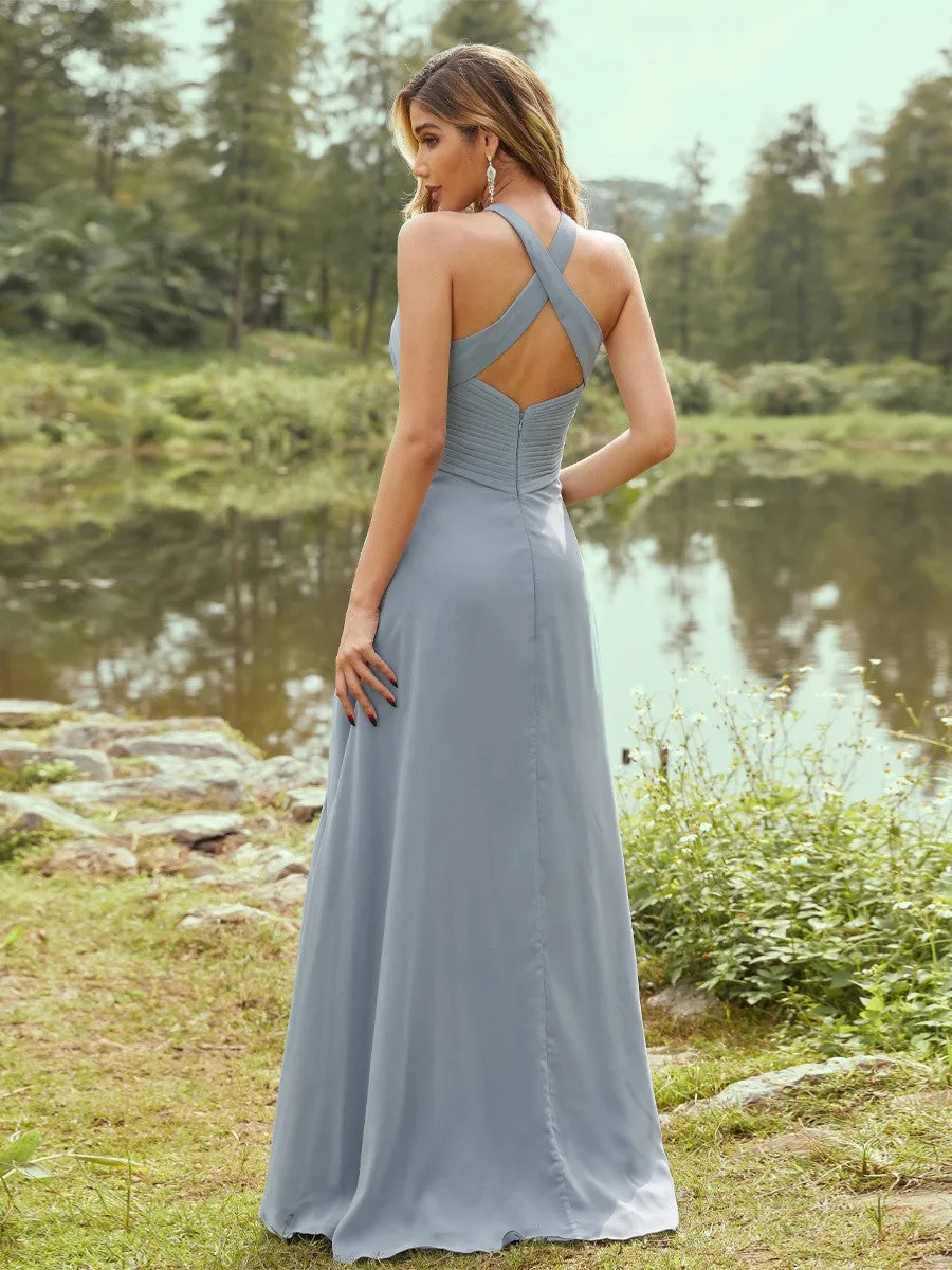 A-Line/Princess Chiffon Ruched Halter Sleeveless Sweep/Brush Train Bridesmaid Dresses