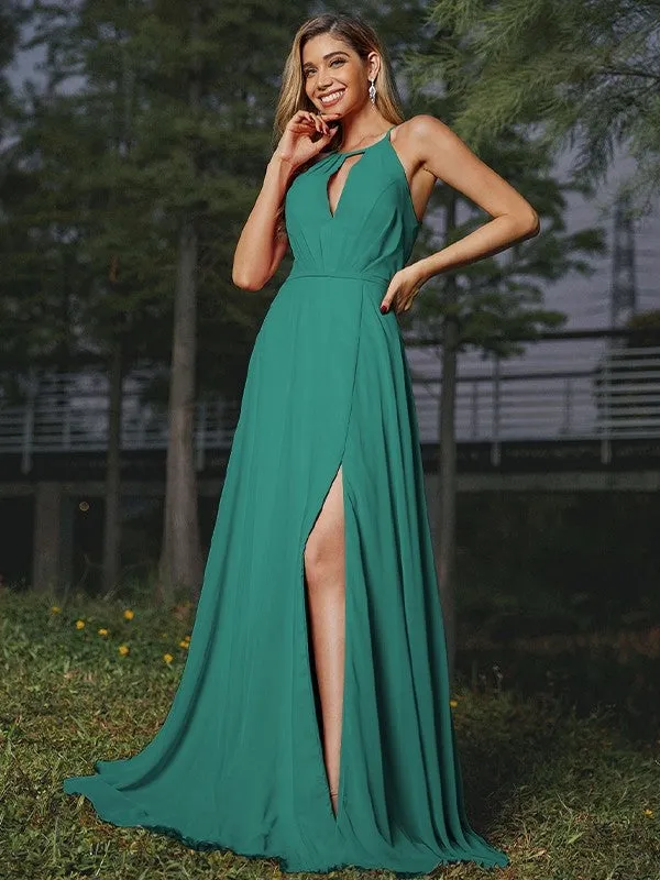 A-Line/Princess Chiffon Ruched Scoop Sleeveless Sweep/Brush Train Bridesmaid Dresses