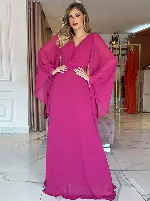 A-Line/Princess Chiffon Ruched V-neck Long Sleeves Floor-Length Mother of the Bride Dresses