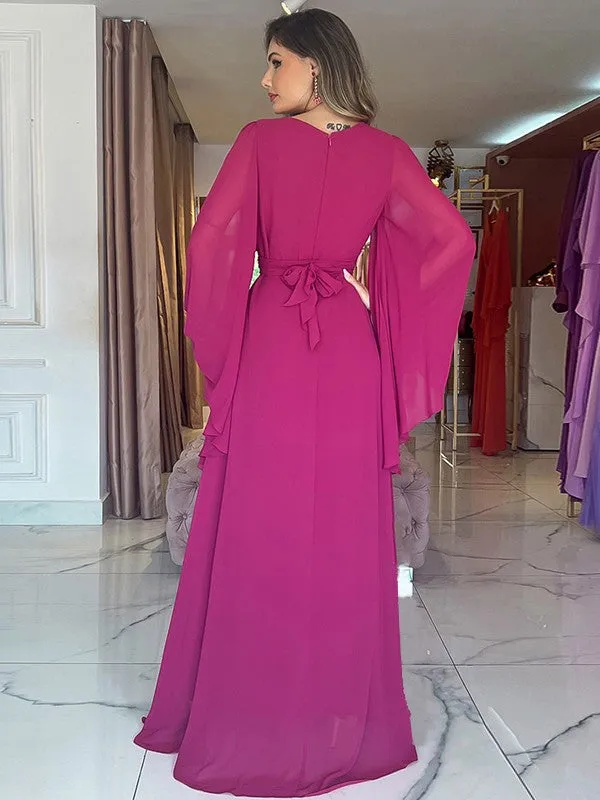 A-Line/Princess Chiffon Ruched V-neck Long Sleeves Floor-Length Mother of the Bride Dresses