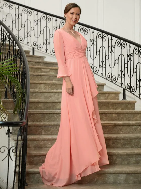 A-Line/Princess Chiffon Ruched V-neck Long Sleeves Sweep/Brush Train Mother of the Bride Dresses