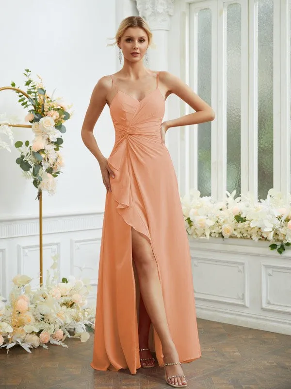 A-Line/Princess Chiffon Ruched V-neck Sleeveless Floor-Length Bridesmaid Dresses