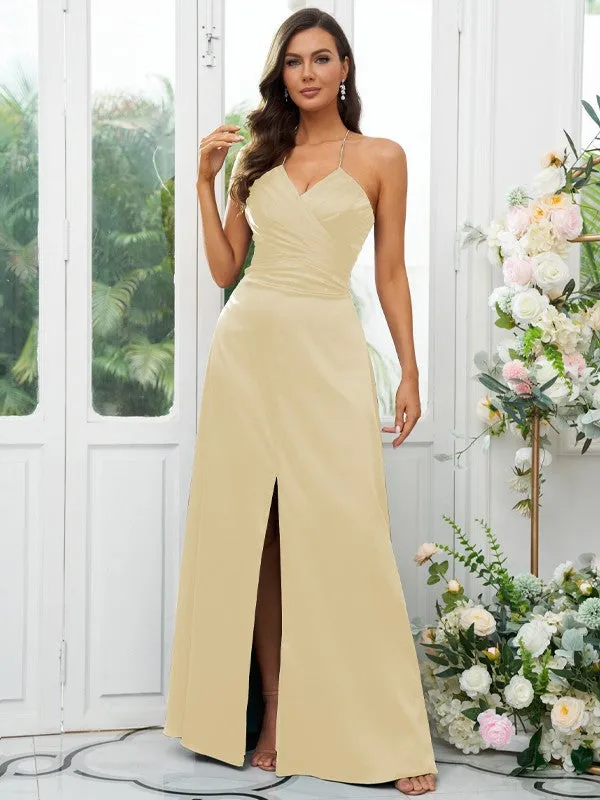 A-Line/Princess Elastic Woven Satin Ruched V-neck Sleeveless Floor-Length Bridesmaid Dresses