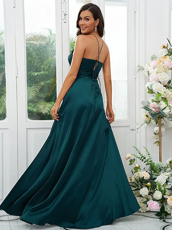 A-Line/Princess Elastic Woven Satin Ruched V-neck Sleeveless Floor-Length Bridesmaid Dresses