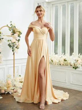 A-Line/Princess Jersey Ruched Off-the-Shoulder Sleeveless Court Train Bridesmaid Dresses