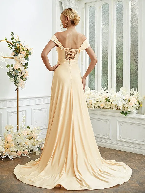 A-Line/Princess Jersey Ruched Off-the-Shoulder Sleeveless Court Train Bridesmaid Dresses