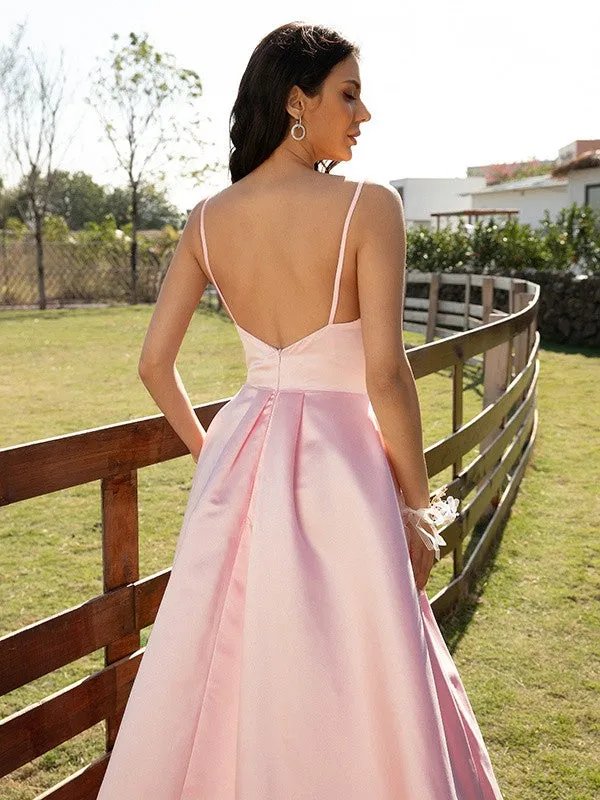 A-Line/Princess Satin Ruched V-neck Sleeveless Sweep/Brush Train Dresses