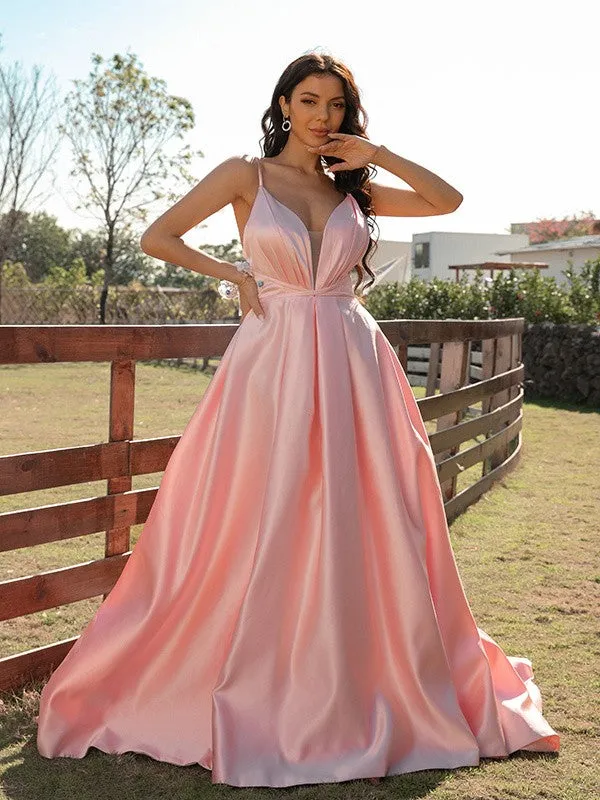 A-Line/Princess Satin Ruched V-neck Sleeveless Sweep/Brush Train Dresses