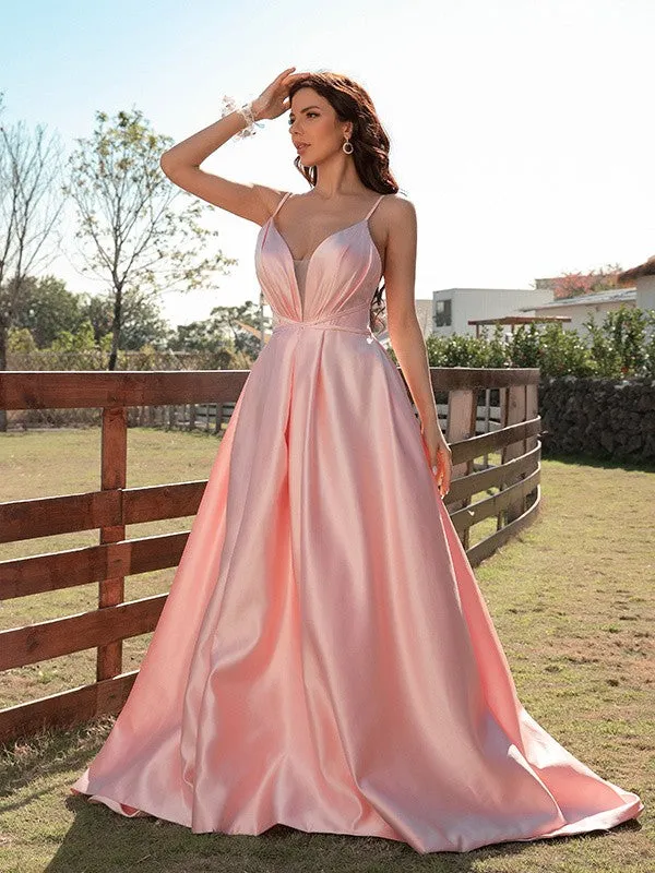 A-Line/Princess Satin Ruched V-neck Sleeveless Sweep/Brush Train Dresses