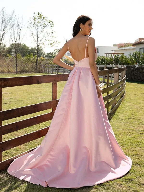 A-Line/Princess Satin Ruched V-neck Sleeveless Sweep/Brush Train Dresses