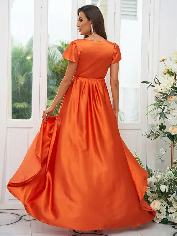 A-Line/Princess Silk like Satin Ruched V-neck Short Sleeves Floor-Length Bridesmaid Dresses