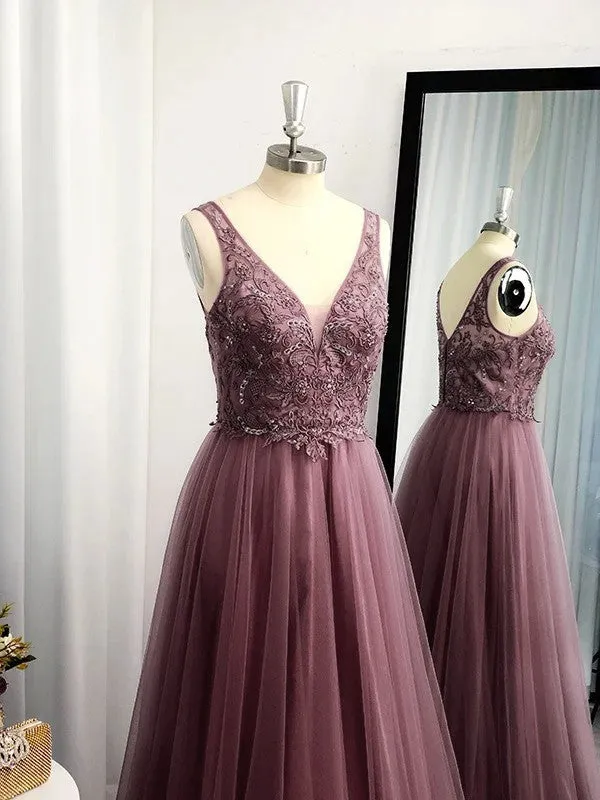 A-Line/Princess Sleeveless Tulle Floor-Length Applique V-neck Dresses