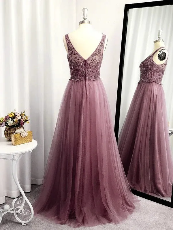 A-Line/Princess Sleeveless Tulle Floor-Length Applique V-neck Dresses