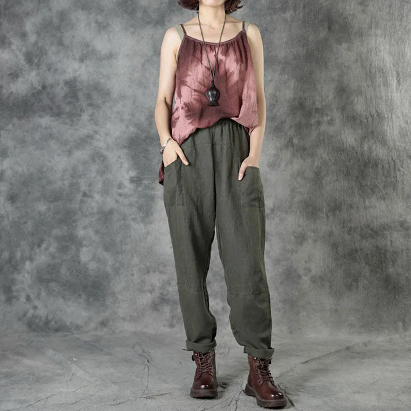 Army Green Pockets Patchwork Fall Straight Linen Pants