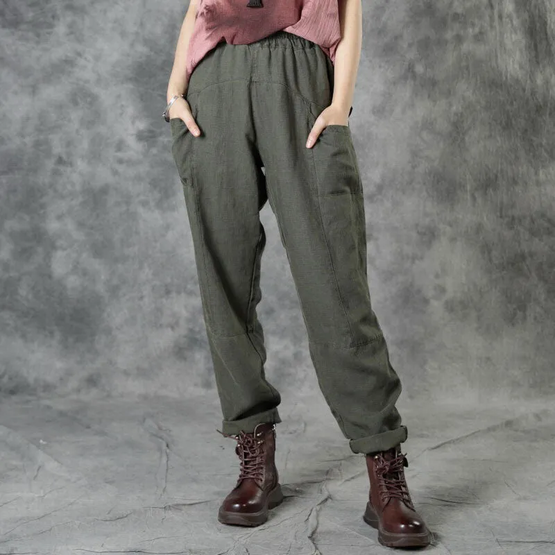 Army Green Pockets Patchwork Fall Straight Linen Pants