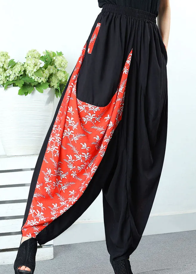 Art Black Patchwork Orange Pockets Print Spring Pants