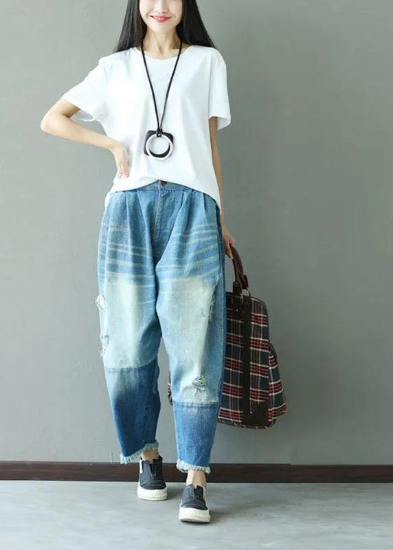 Art Blue Pockets Button Hole Fall Patchwork Pants