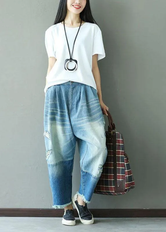 Art Blue Pockets Button Hole Fall Patchwork Pants