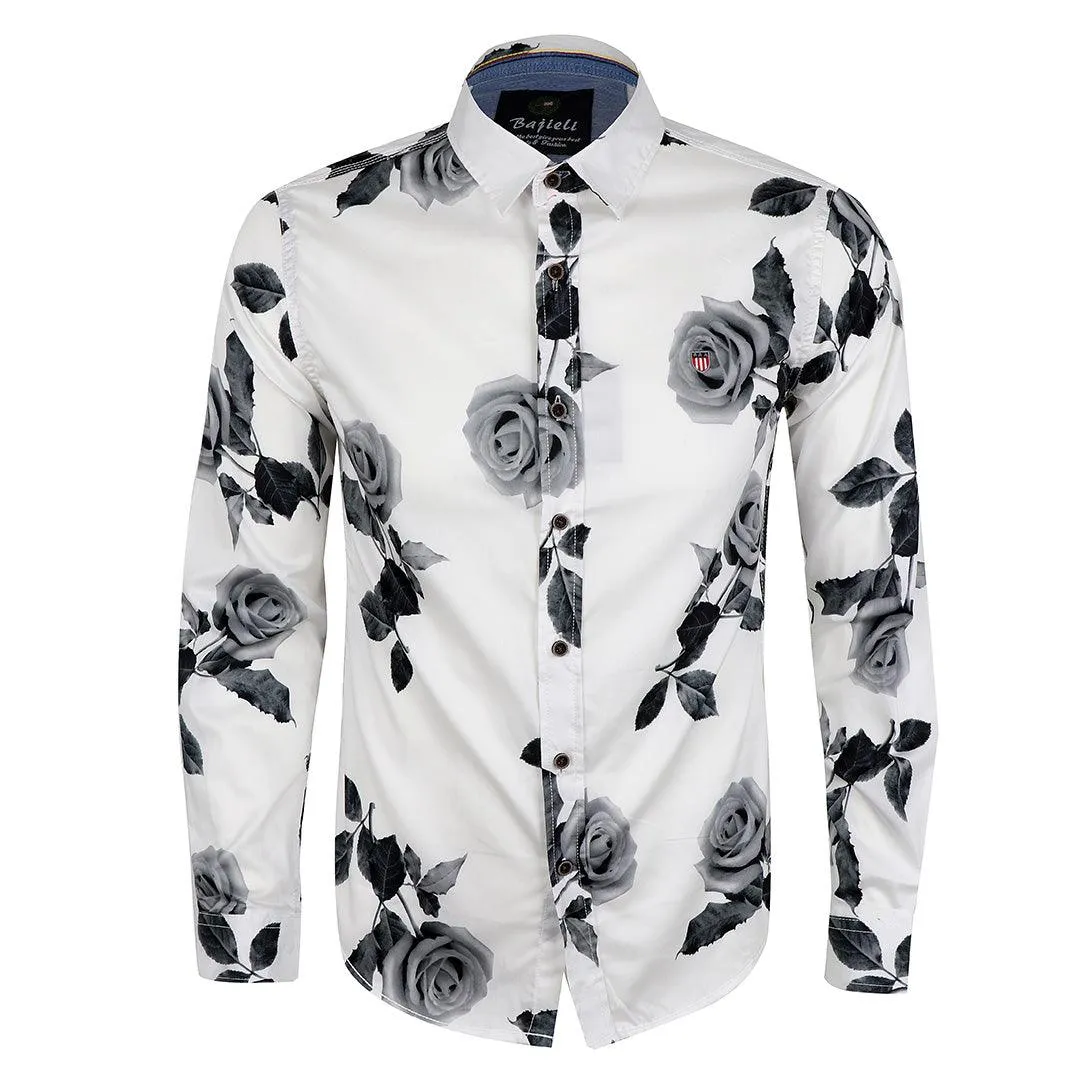 Bajieli Executive White With Classic Ash Flower Designed LongSleeve Shirt