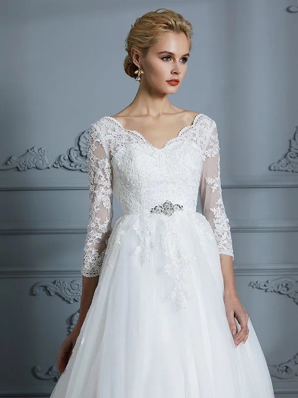 Ball Gown V-neck 3/4 Sleeves Court Train Lace Tulle Wedding Dresses