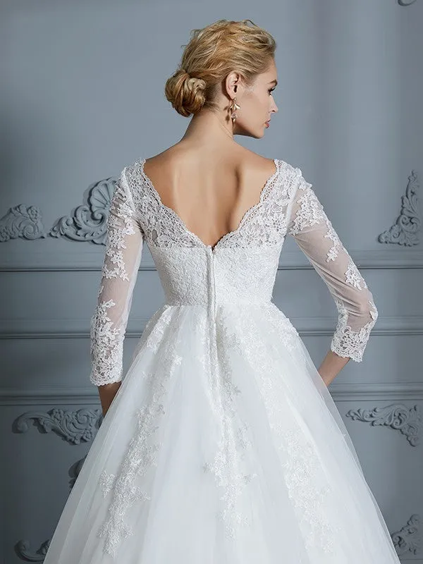 Ball Gown V-neck 3/4 Sleeves Court Train Lace Tulle Wedding Dresses