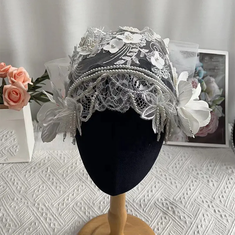 Beautiful White Lace Patchwork Pearl Floral Hat ZZ035