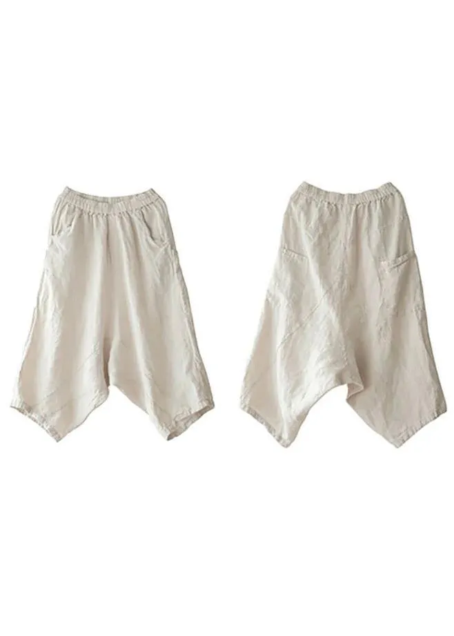 Beige Women Casual Solid Color Linen Pocket Pants