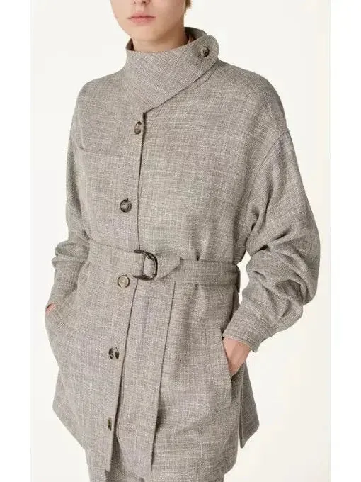 Belted Button-Down Linen-Blend Jacket with Side-Fastening Flap