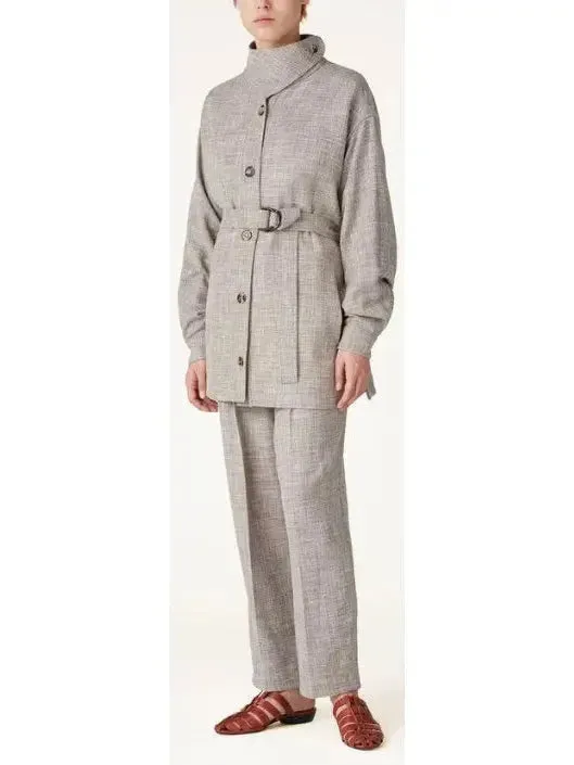 Belted Button-Down Linen-Blend Jacket with Side-Fastening Flap