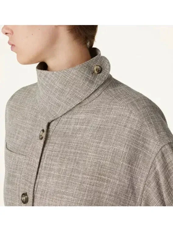 Belted Button-Down Linen-Blend Jacket with Side-Fastening Flap