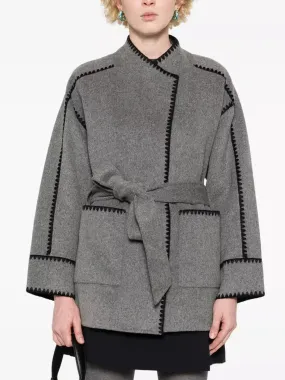 Belted Embroidered Wool-Blend Jacket in Grey