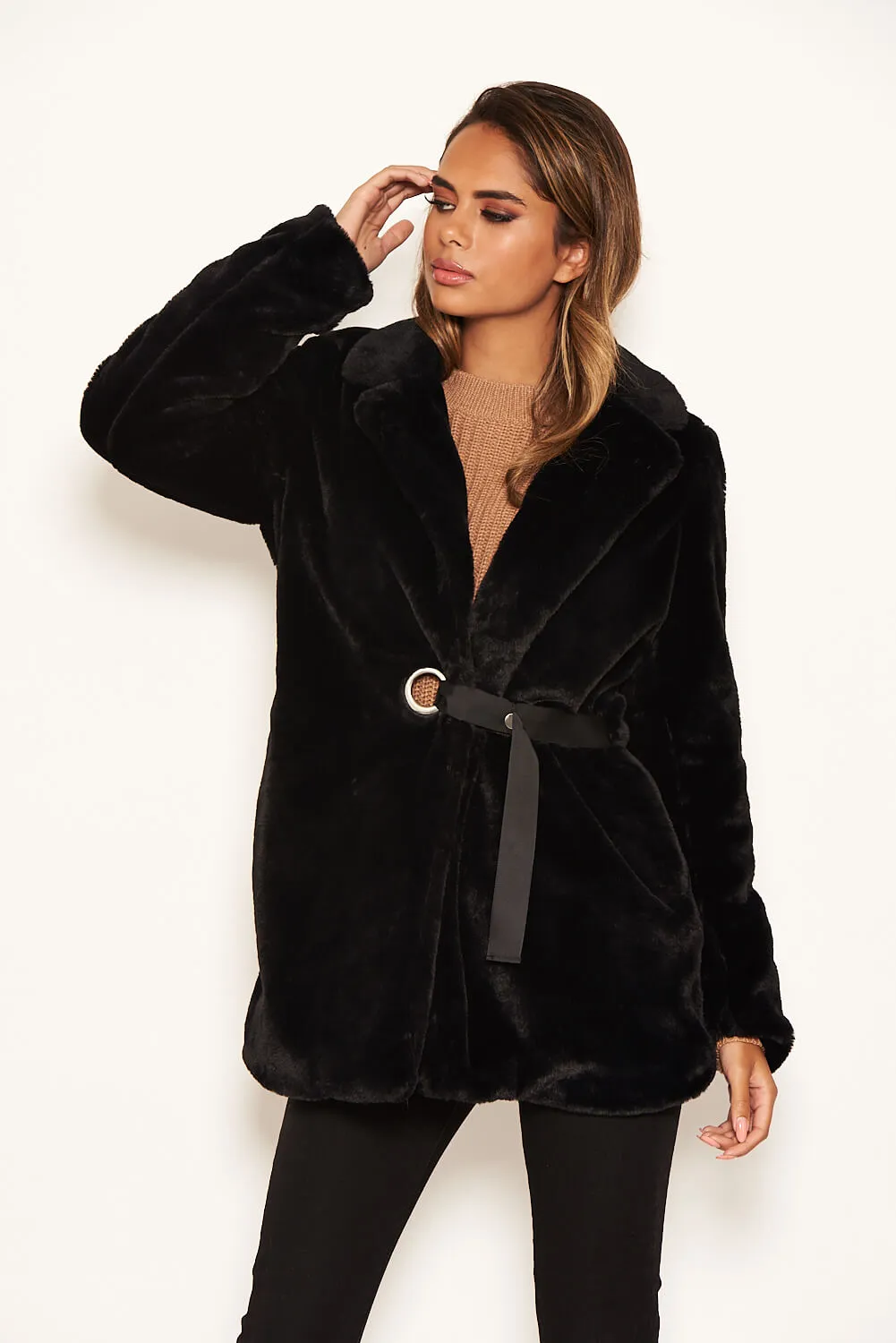 Black Faux Fur Circle Belted Coat