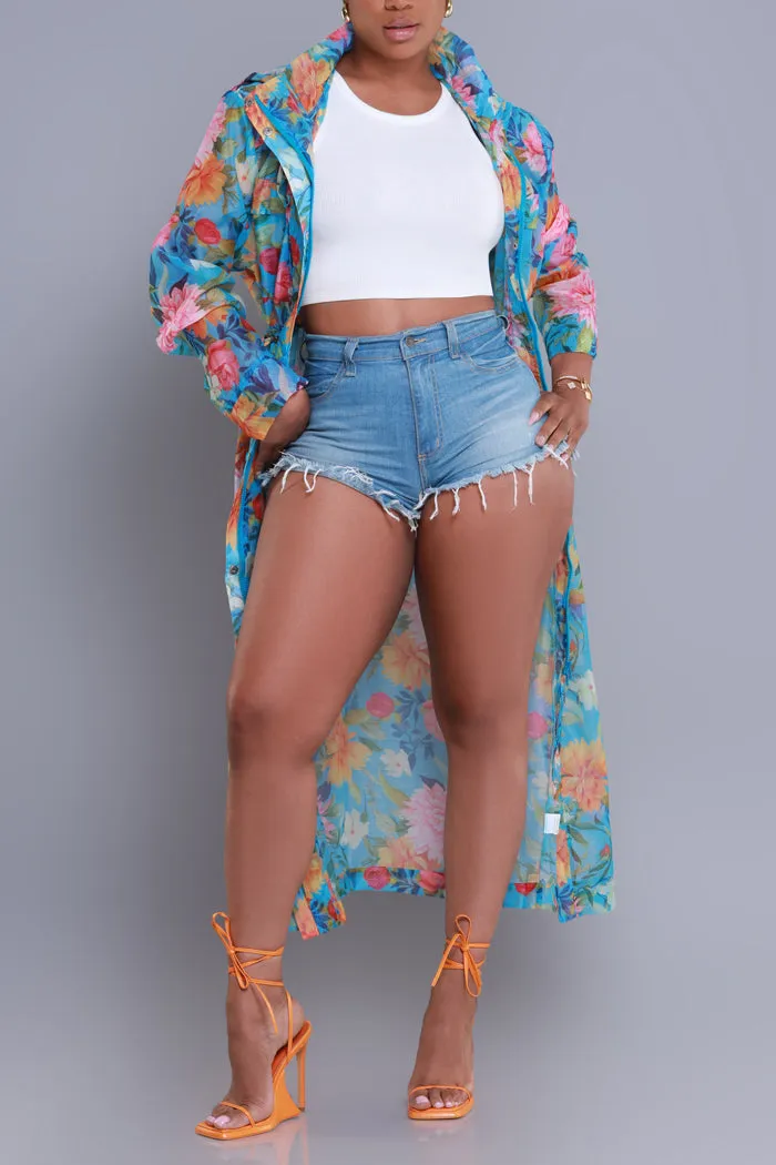 Blooming Hearts Oversized Floral Hooded Longline Jacket - Blue Multicolor