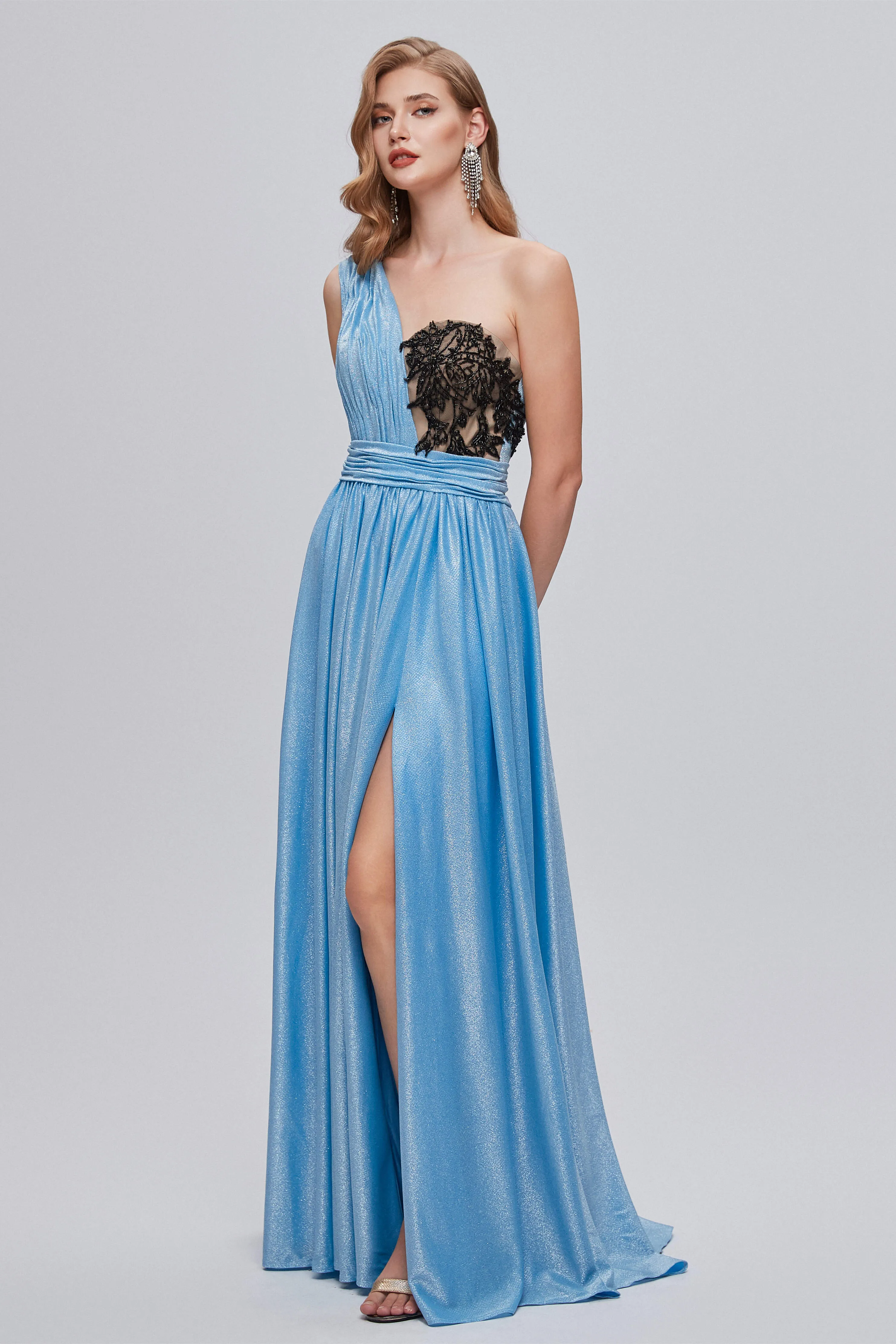 Blue One Shoulder Ruched Long Prom Dresses with Applique