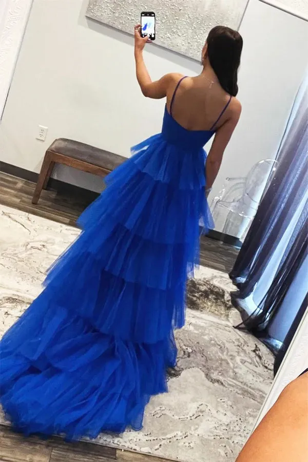 Blue Tulle Layers Long Formal Dresses,Princess Prom Dresses