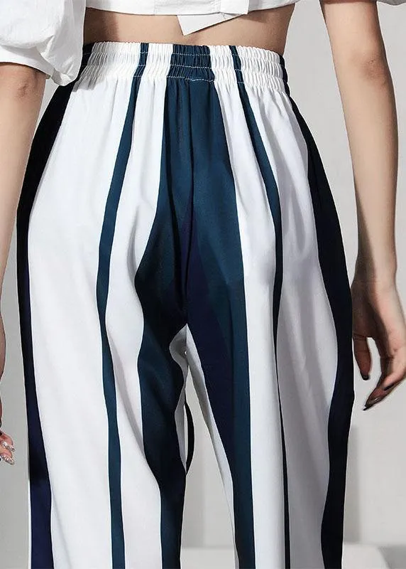 Bohemian White Striped Pockets Wide Leg  Pants