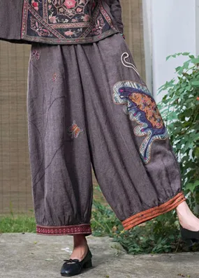 Boho Purple retro Embroideried Oriental lantern Casual Fall Pants Trousers