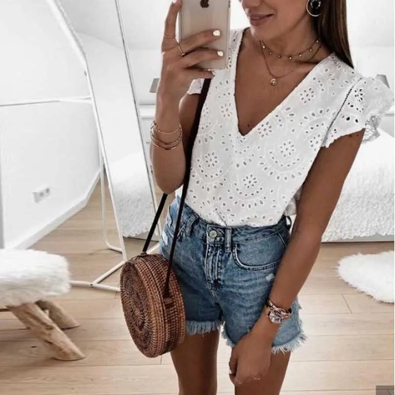 Boho Ruffle Puff Sleeve V Neck White Eyelet Blouse