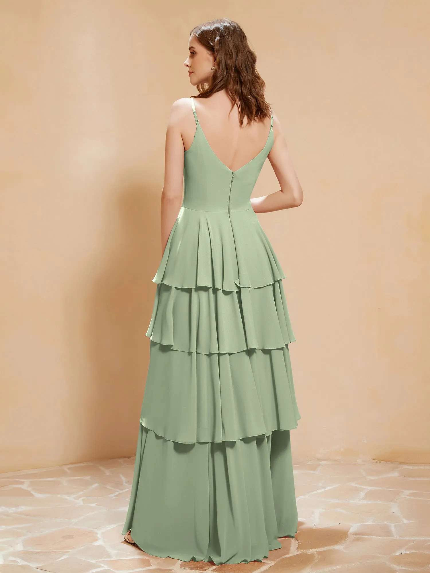 Boho V-neck Floor-length Dress Flowy Ruffles Dusty Sage