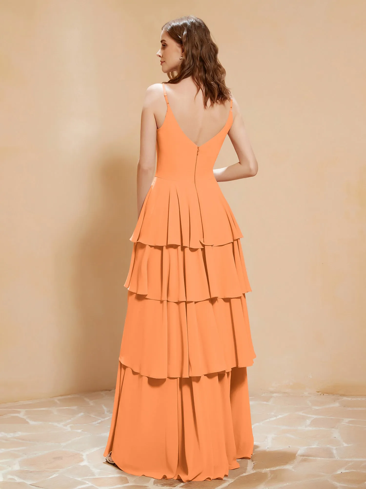 Boho V-neck Floor-length Dress Flowy Ruffles Orange