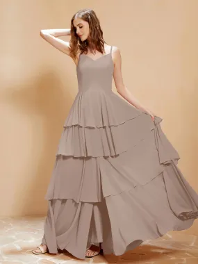 Boho V-neck Floor-length Dress Flowy Ruffles Taupe