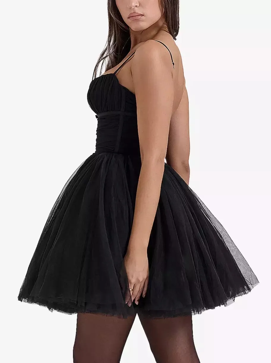 Bow-Detail Sleeveless Tulle Flared Mini Dress