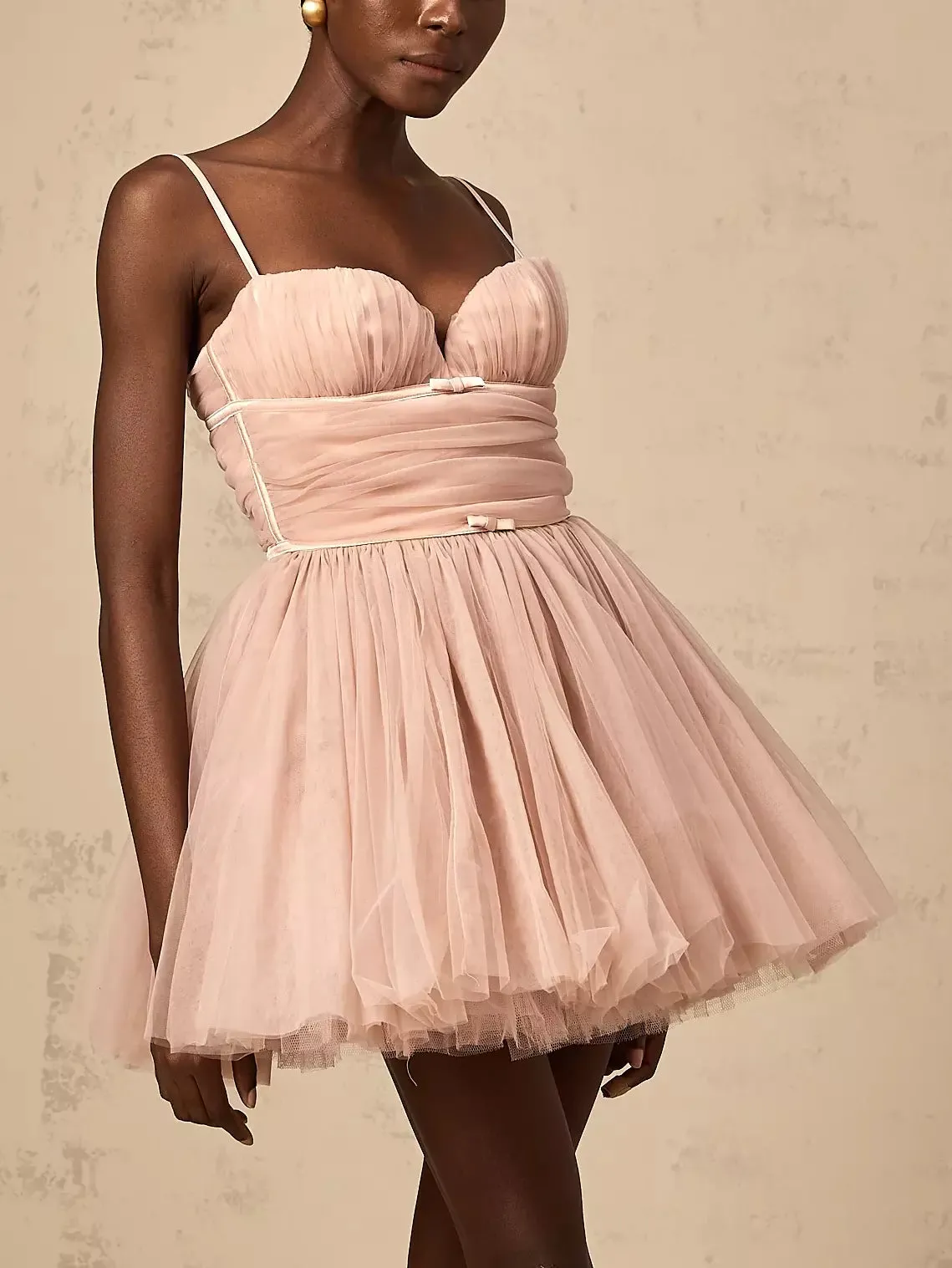 Bow-Detail Sleeveless Tulle Flared Mini Dress